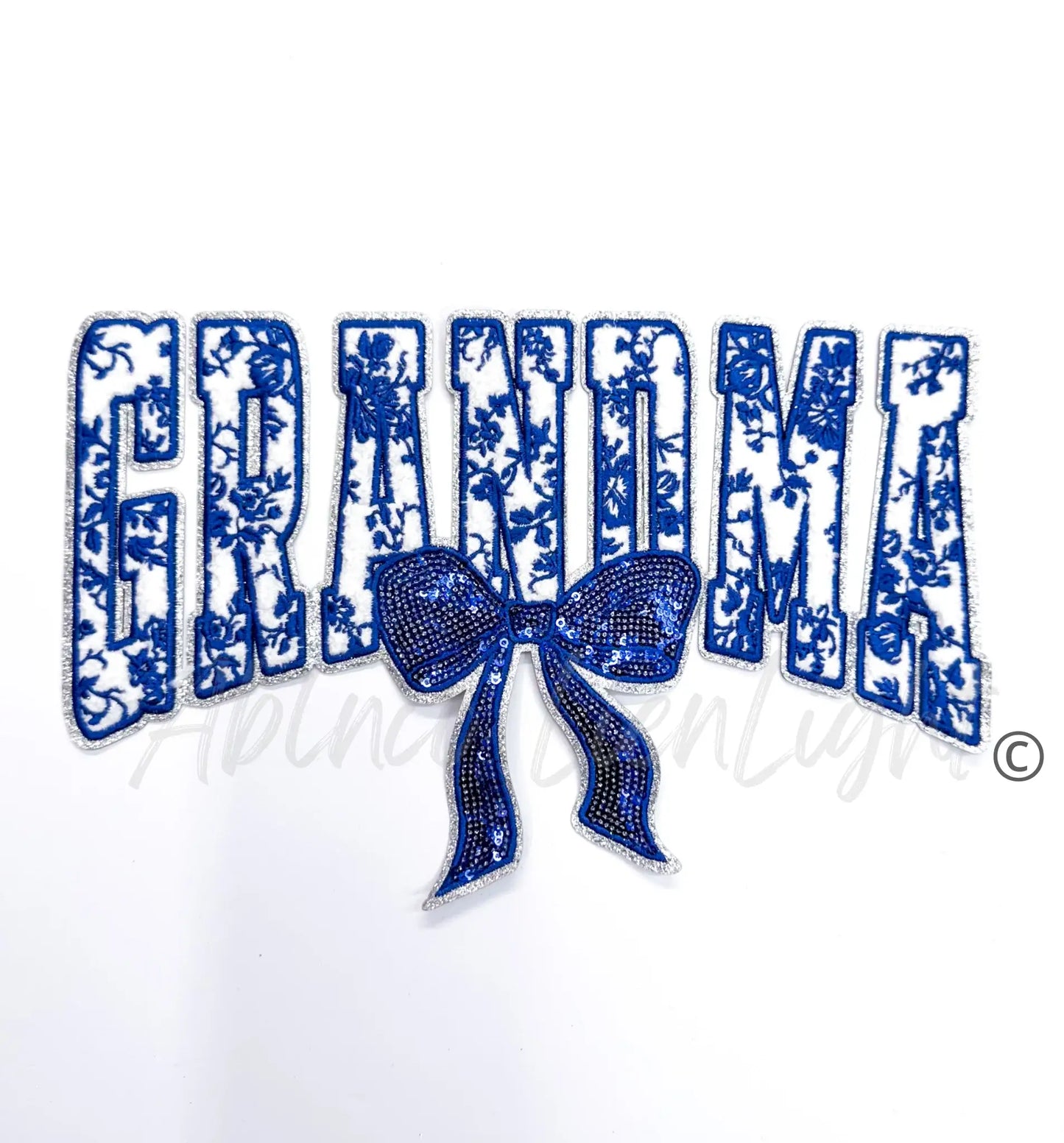Blue Floral Grandma Bow Sequins & Chenille Embroidery Patch