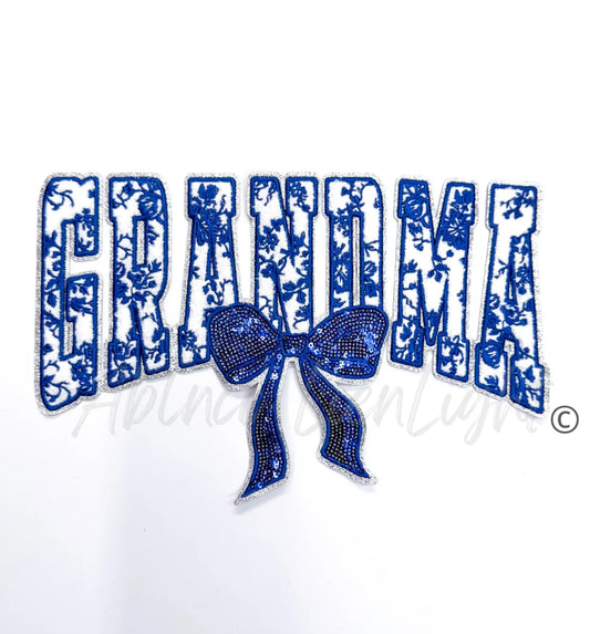 Blue Floral Grandma Bow Sequins & Chenille Embroidery Patch
