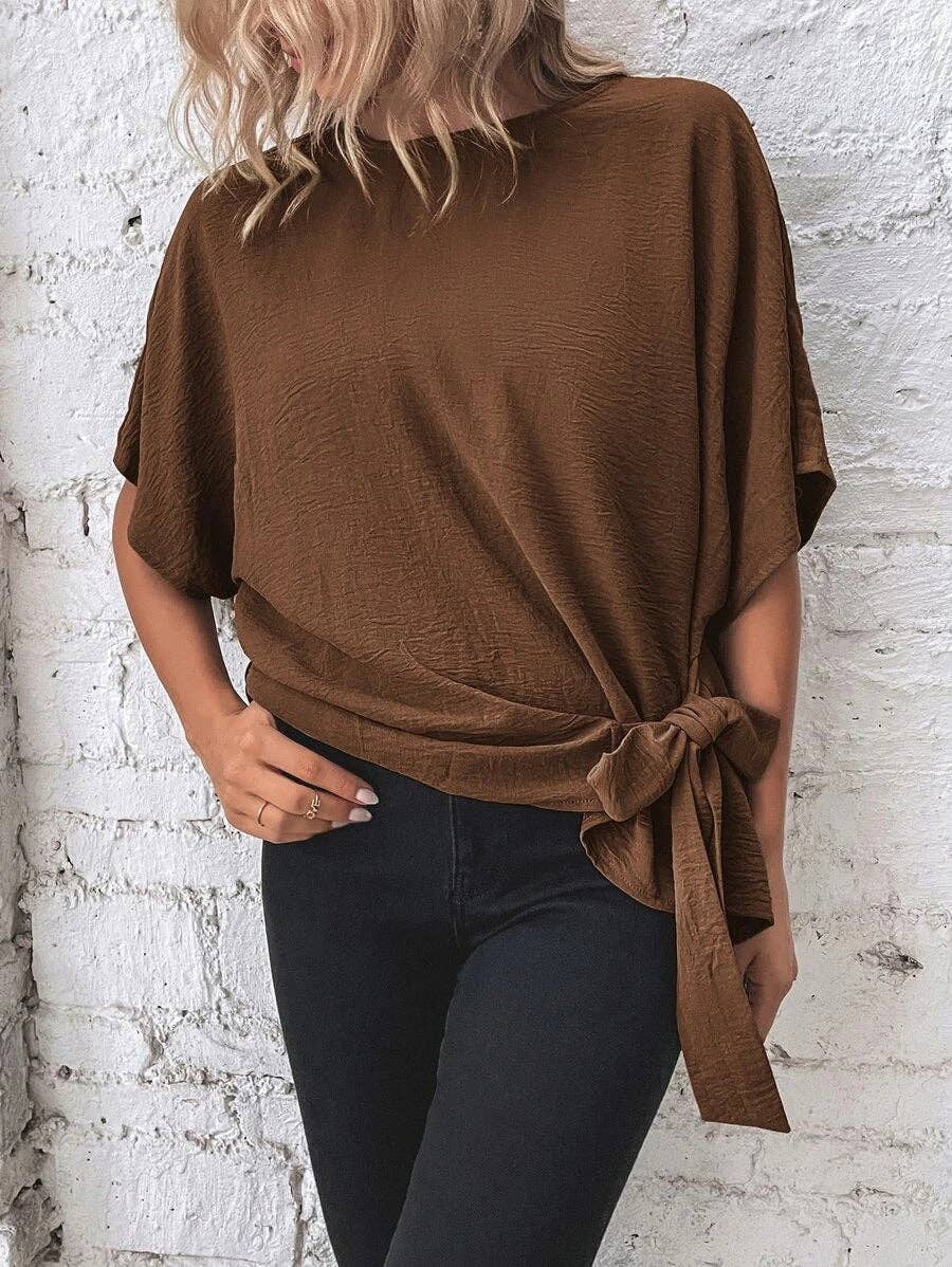 Casual Round Neck Knot Waist Tunic T-Shirt