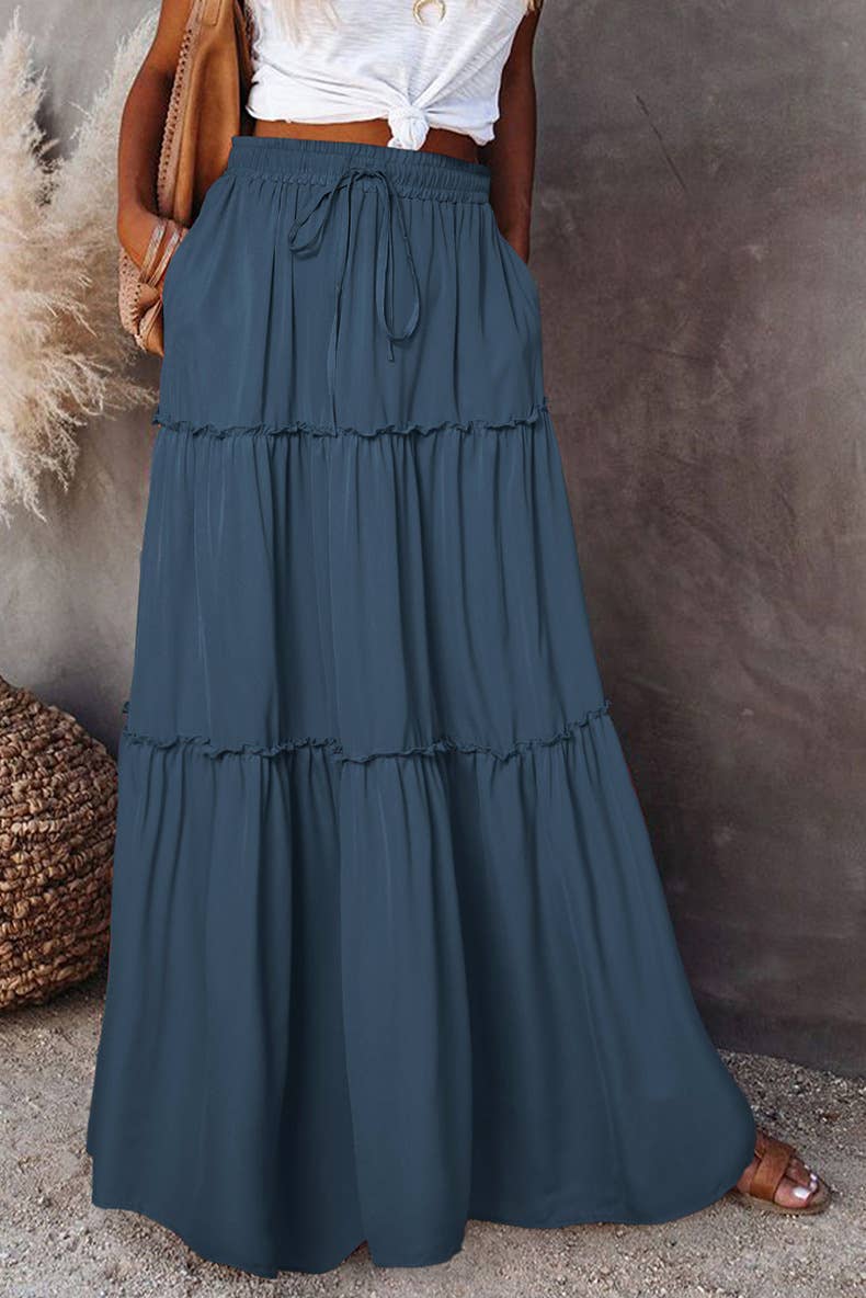 Boho Tiered Maxi Skirt with Pocket 17colors