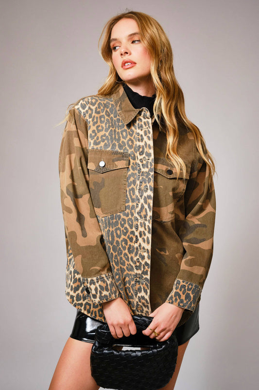 23515J - Mix Media Camo Leopard Snap Jacket