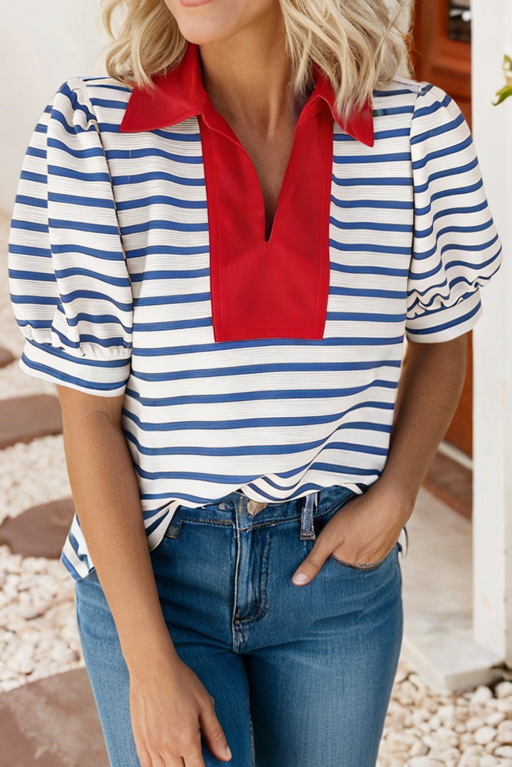 LDC Casual Striped V Neck Short Dleeve Top
