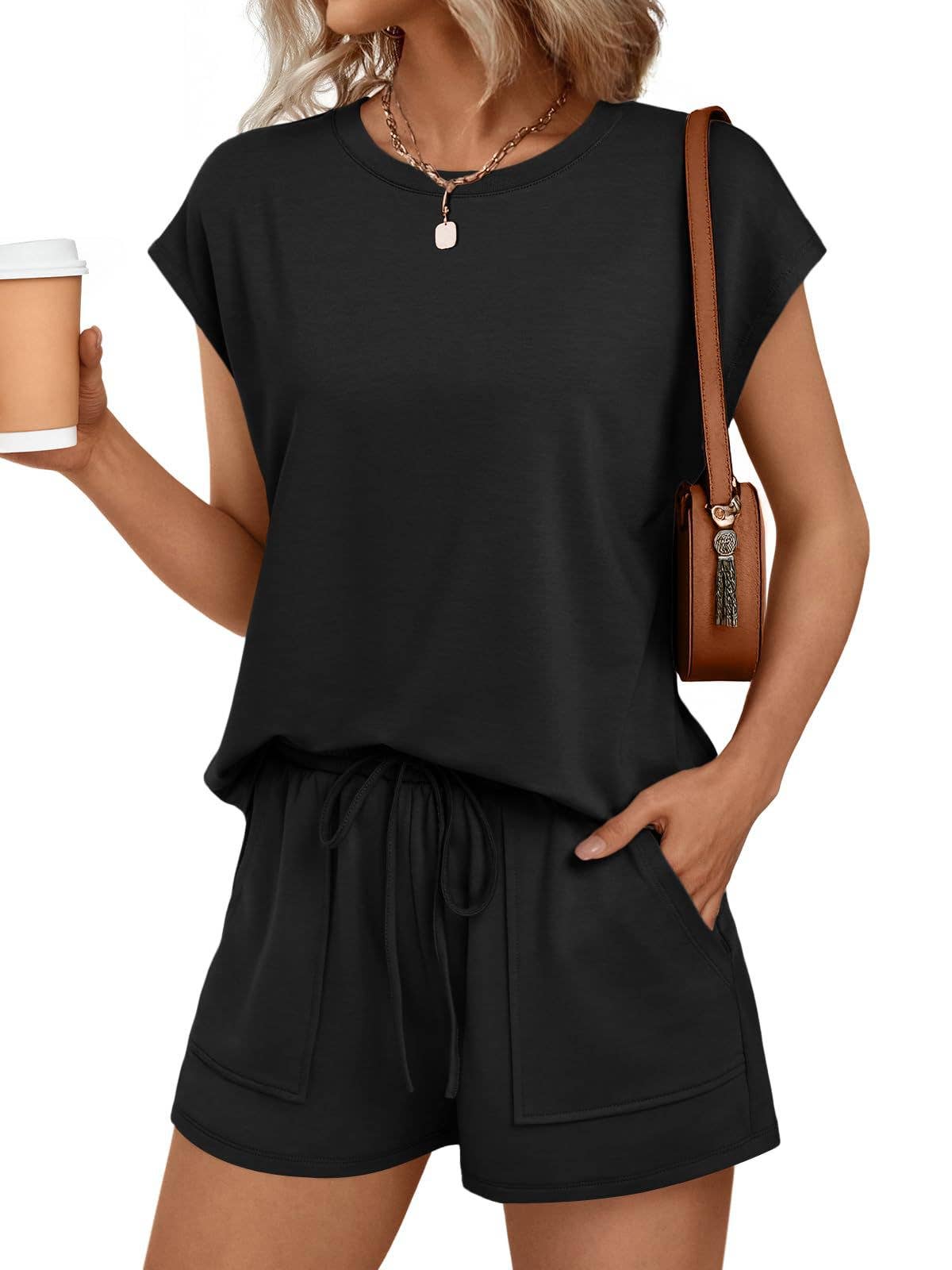 Casual Lounge Set Cap Sleeve Top Drawstring Shorts