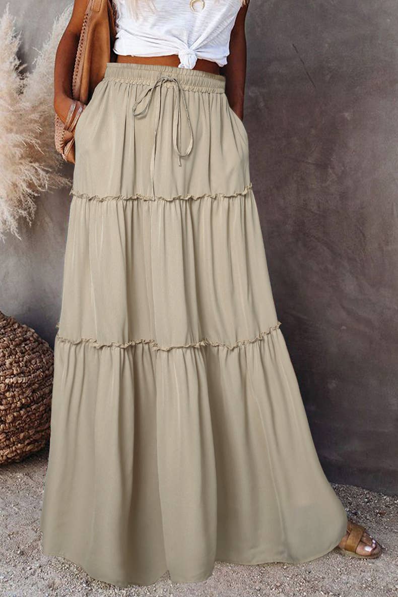Boho Tiered Maxi Skirt with Pocket 17colors
