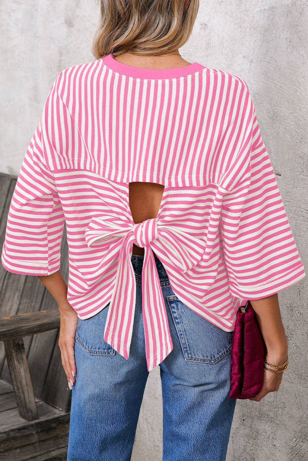 Pink Striped Knit Crew Neck Top with Back Bow Tie Detail