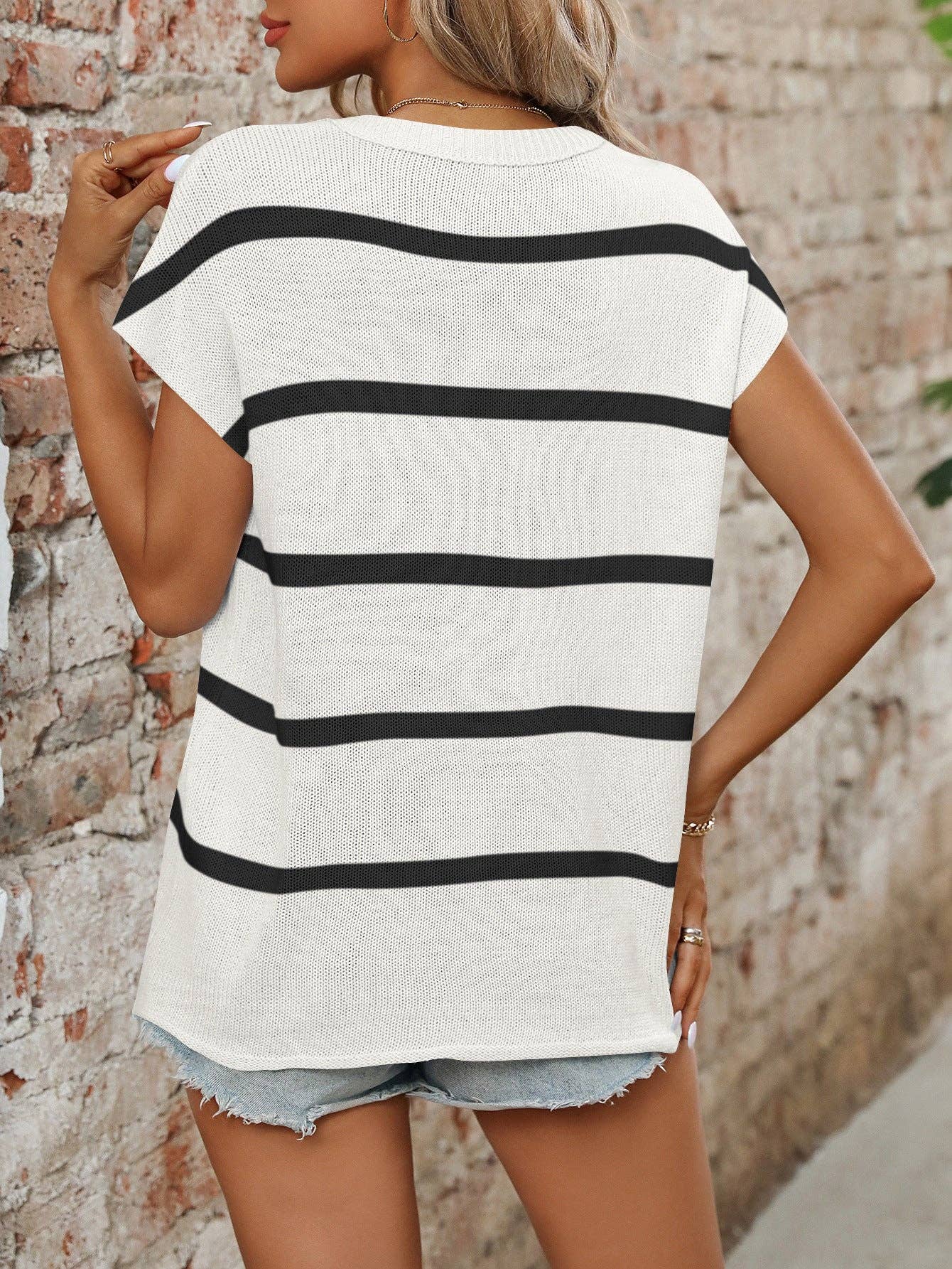 Blue White Striped Crew Neck Short Sleeve Knit Sweater Top