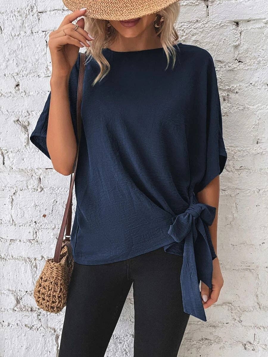 Casual Round Neck Knot Waist Tunic T-Shirt
