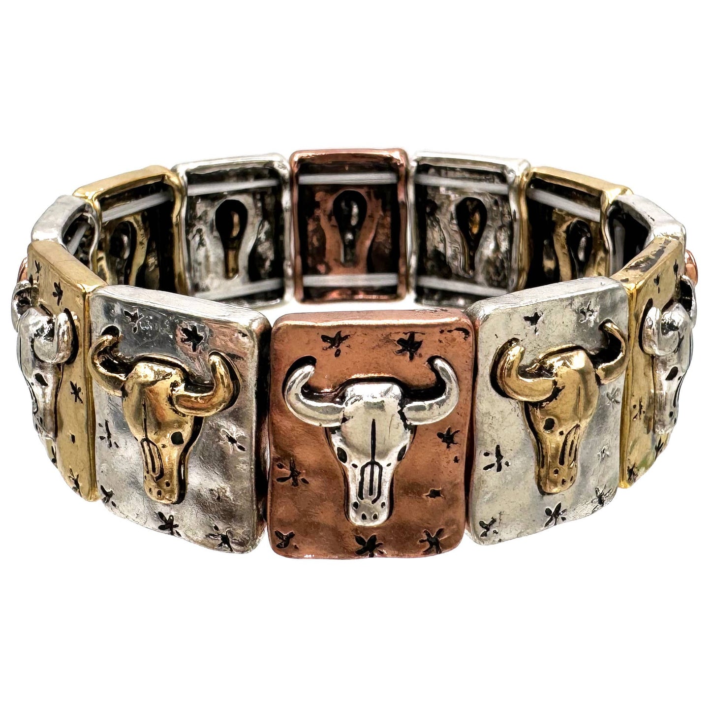 Longhorn Skull Silver Metal Tri Tone Stretch Bracelet