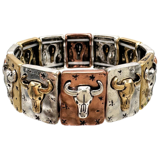 Longhorn Skull Silver Metal Tri Tone Stretch Bracelet