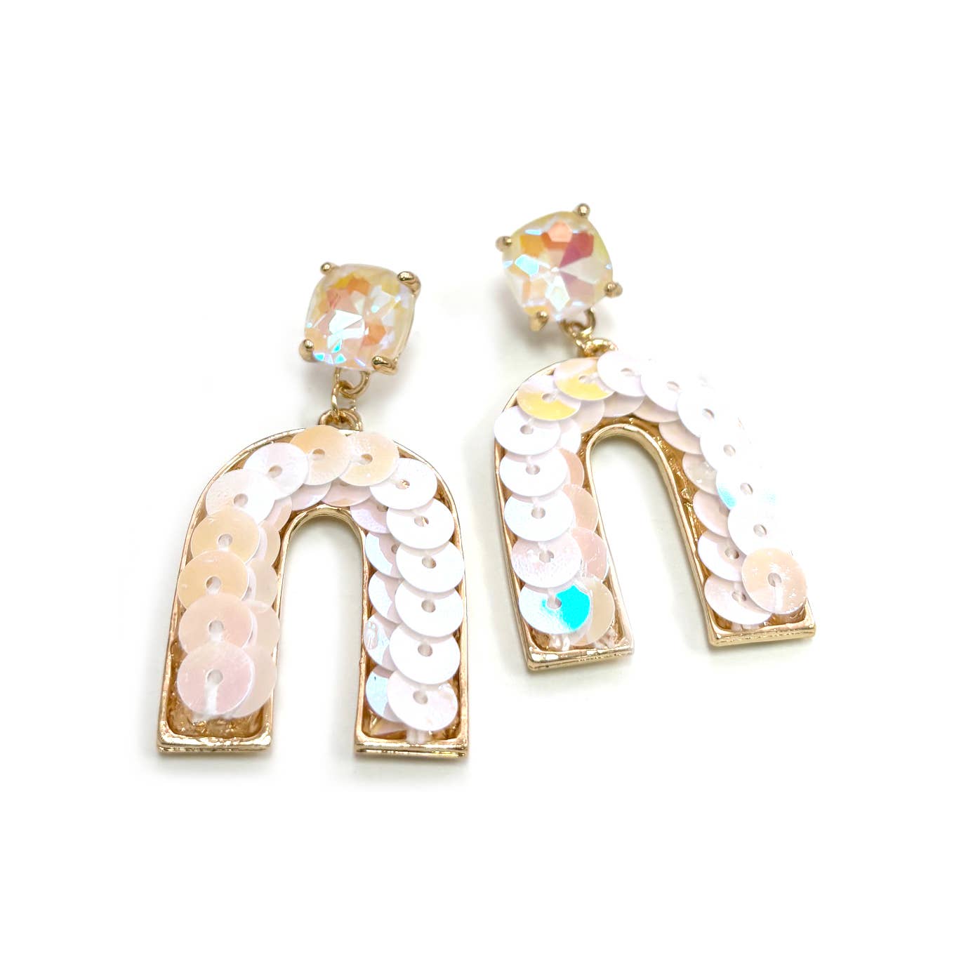 Cushion Cut Stone Post with Arch Sequin Dangle Earrings