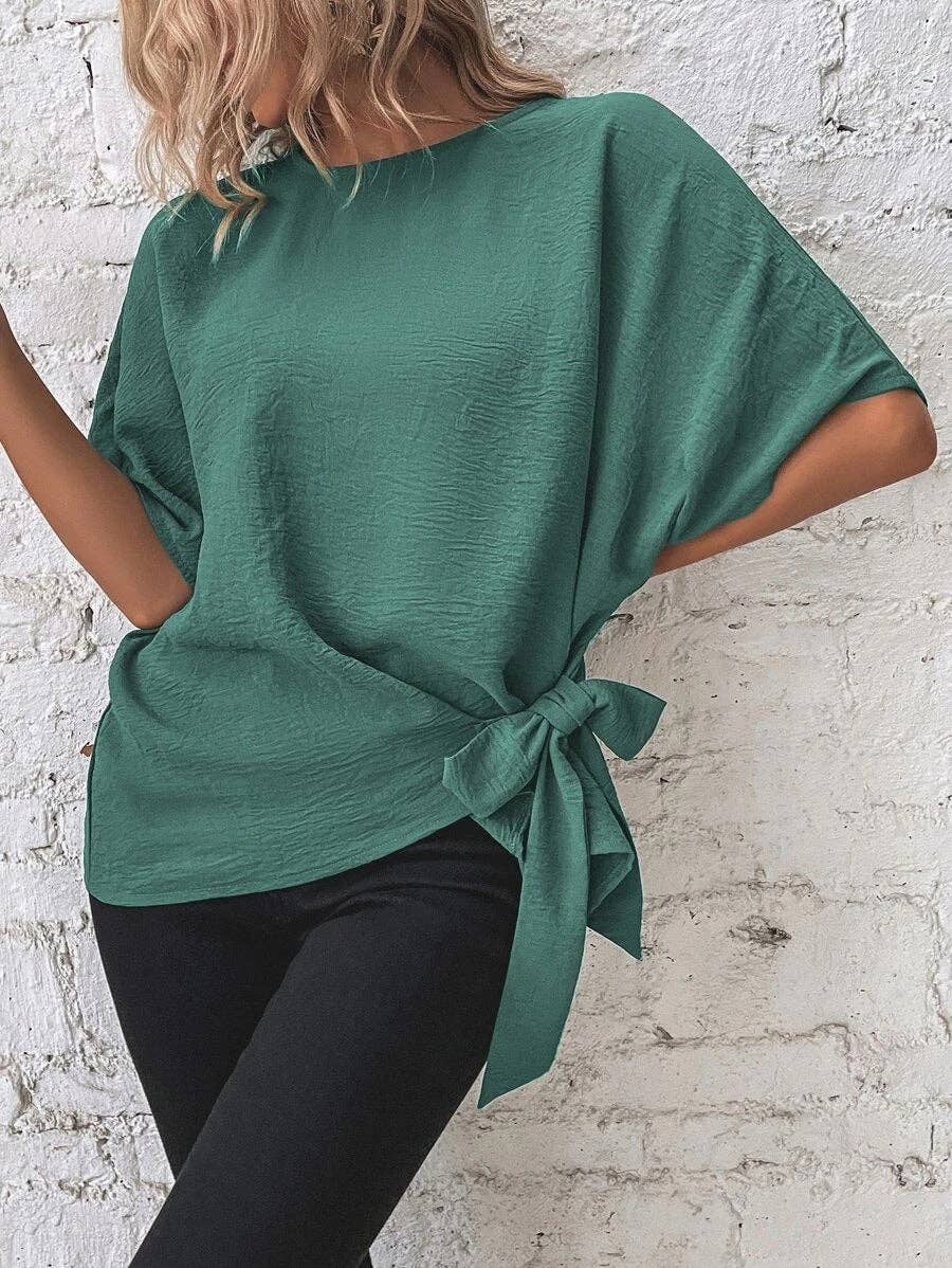 Casual Round Neck Knot Waist Tunic T-Shirt
