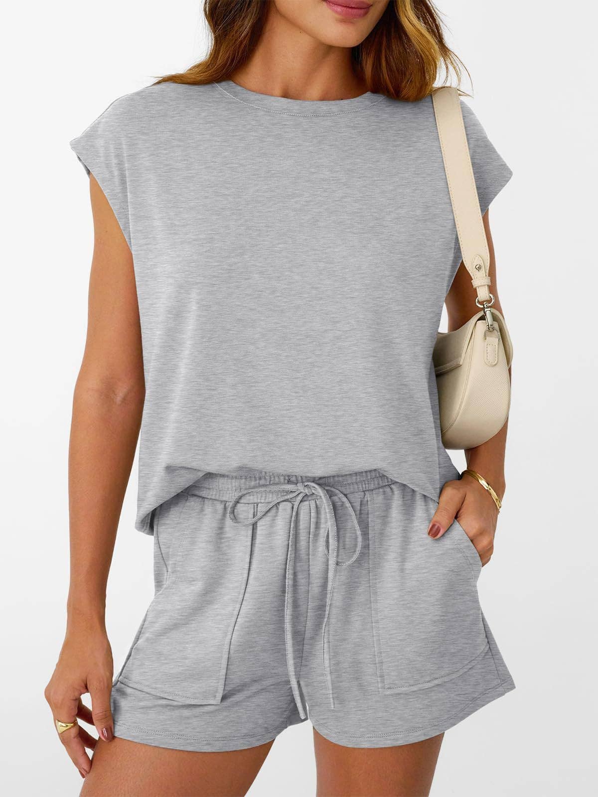 Casual Lounge Set Cap Sleeve Top Drawstring Shorts