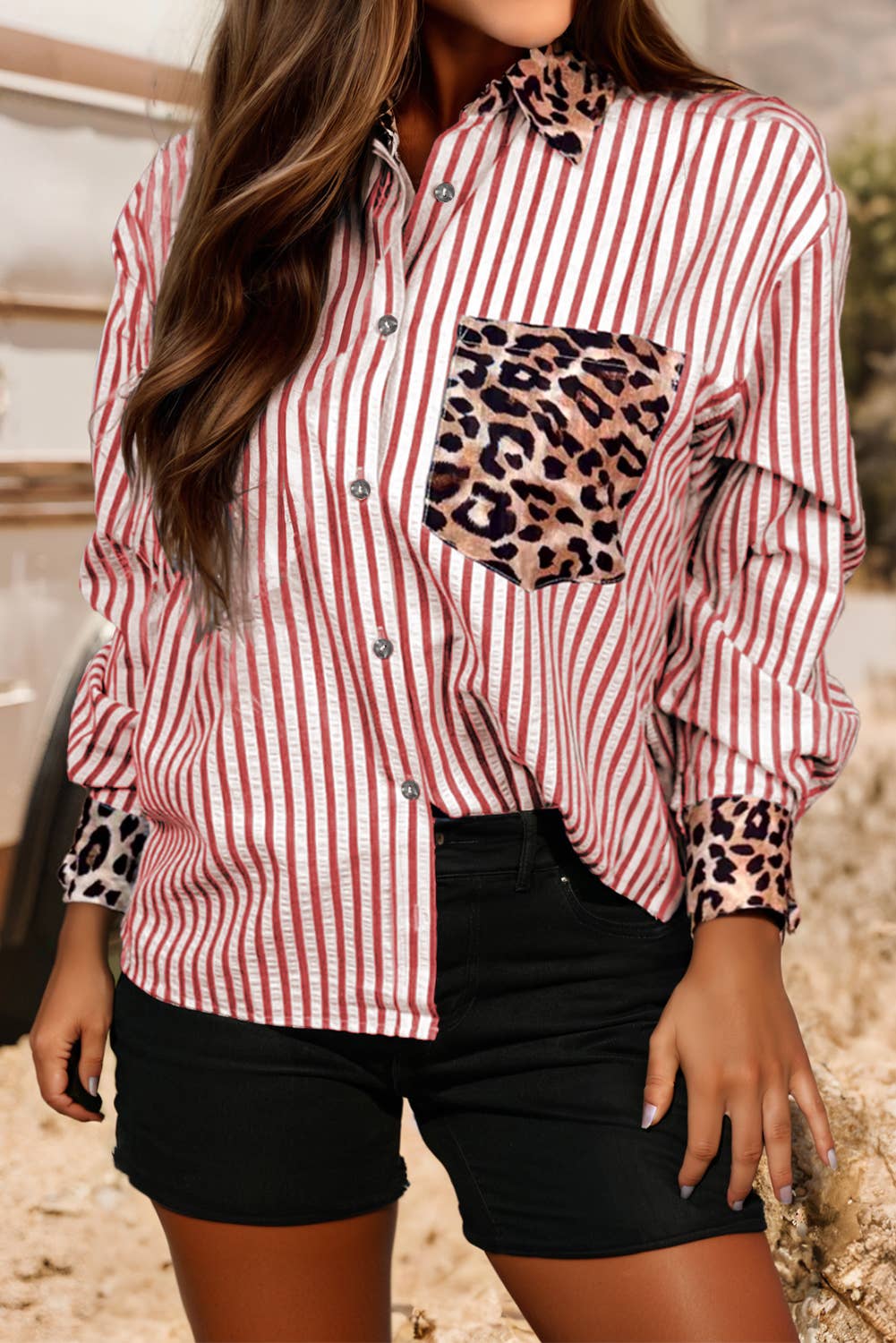 Western Wildly Chic Contrast Leopard Button Up Blouse