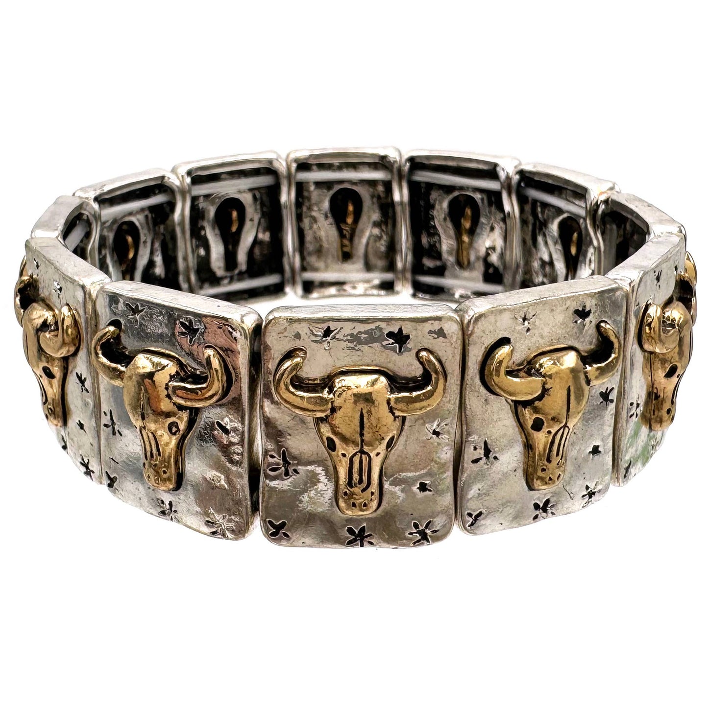 Longhorn Skull Silver Metal Tri Tone Stretch Bracelet