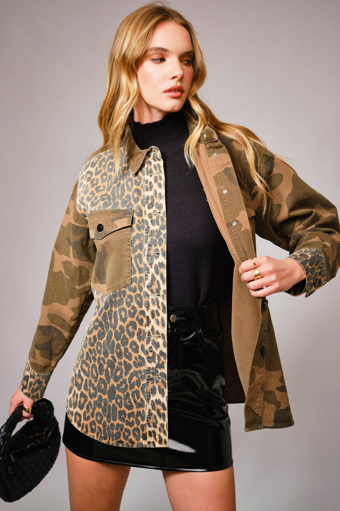23515J - Mix Media Camo Leopard Snap Jacket