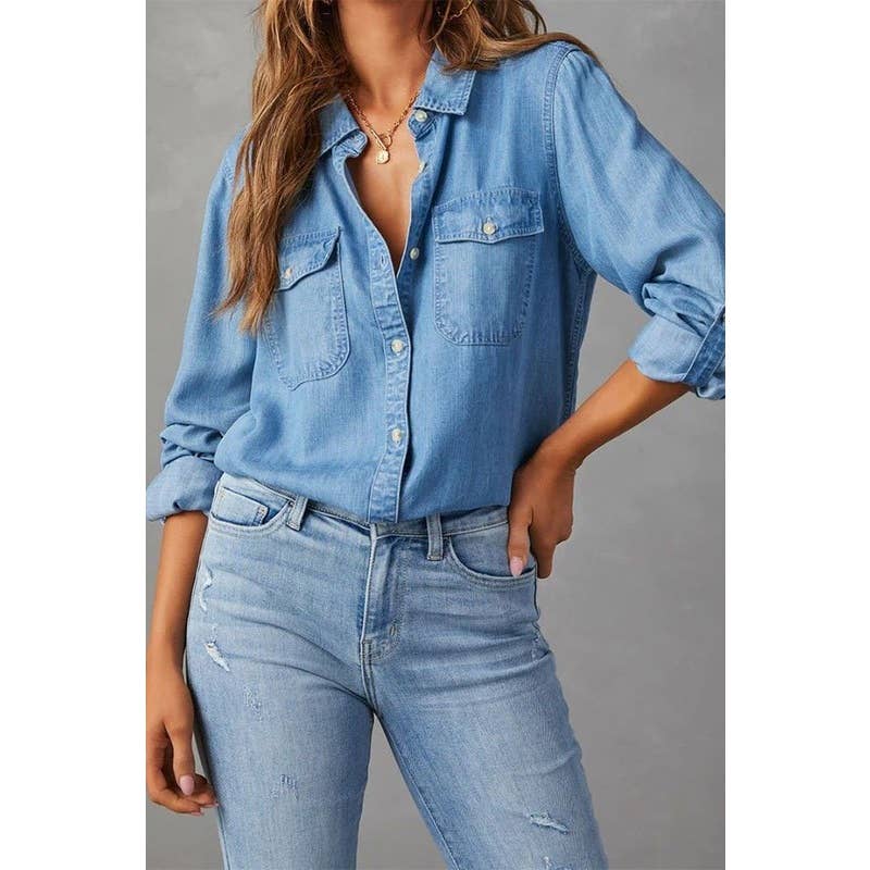 Casual Collared Single Breasted Denim Shirt