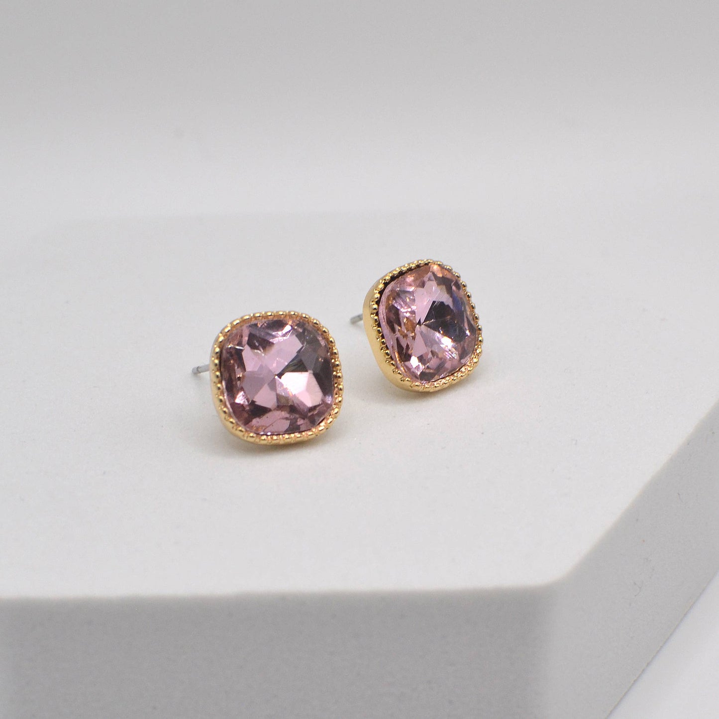 Square Textured Framed Crystal Glass Stone Stud Earrings
