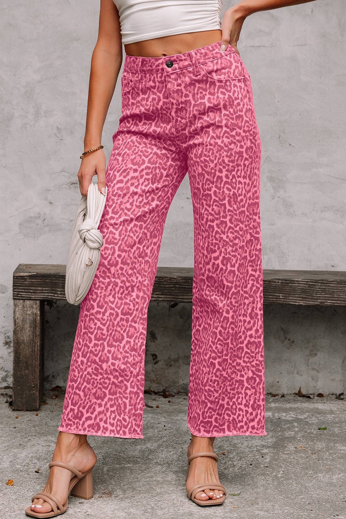 66 Western Leopard Frayed Edge Wide Leg High Waist Jeans