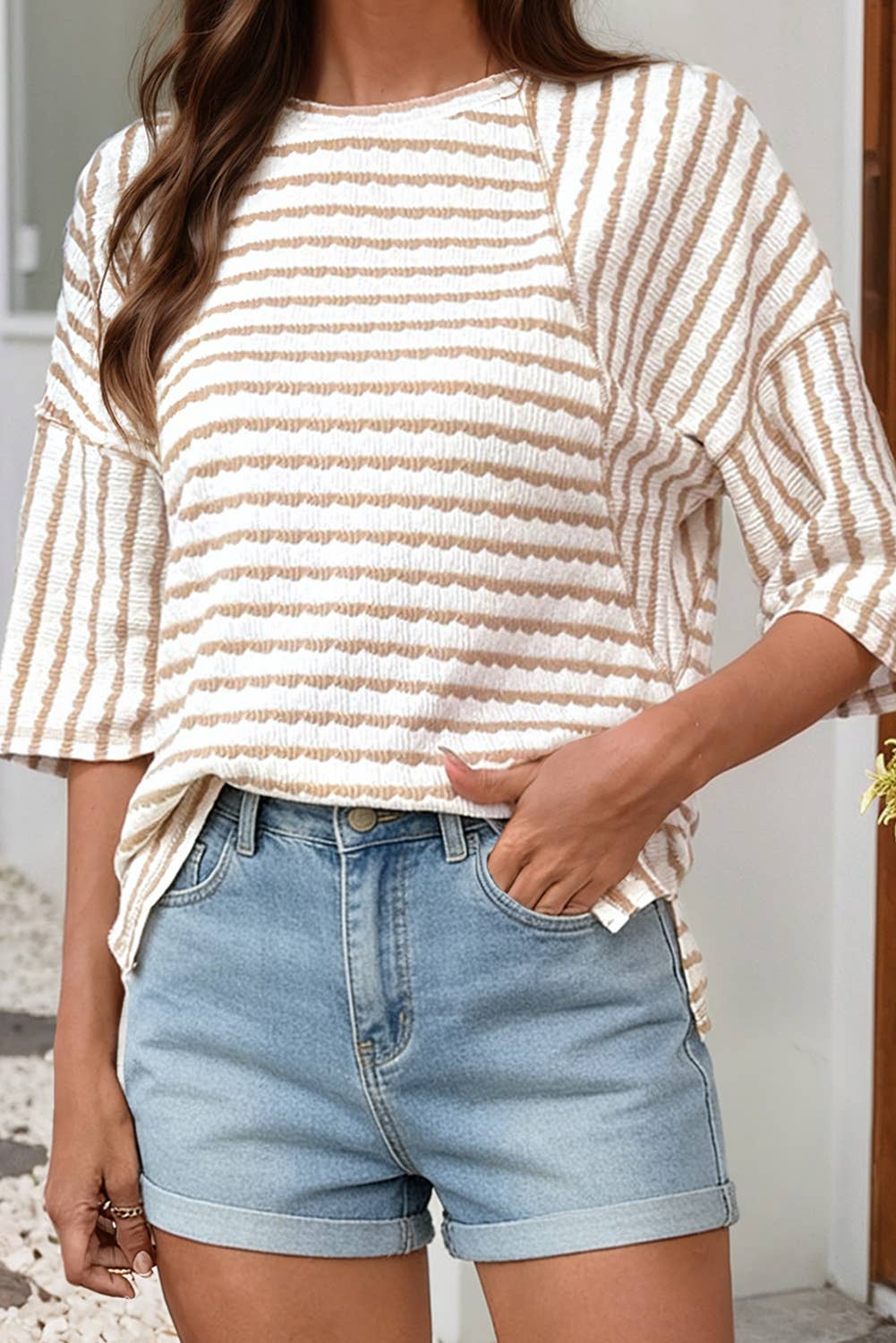 Striped Textured Knit Split Hem Half Sleeve Loose Top|S-4X