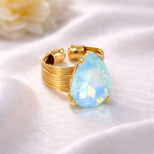 Teardrop Glass Crystal Cocktail Bead Adjustable Wire Ring