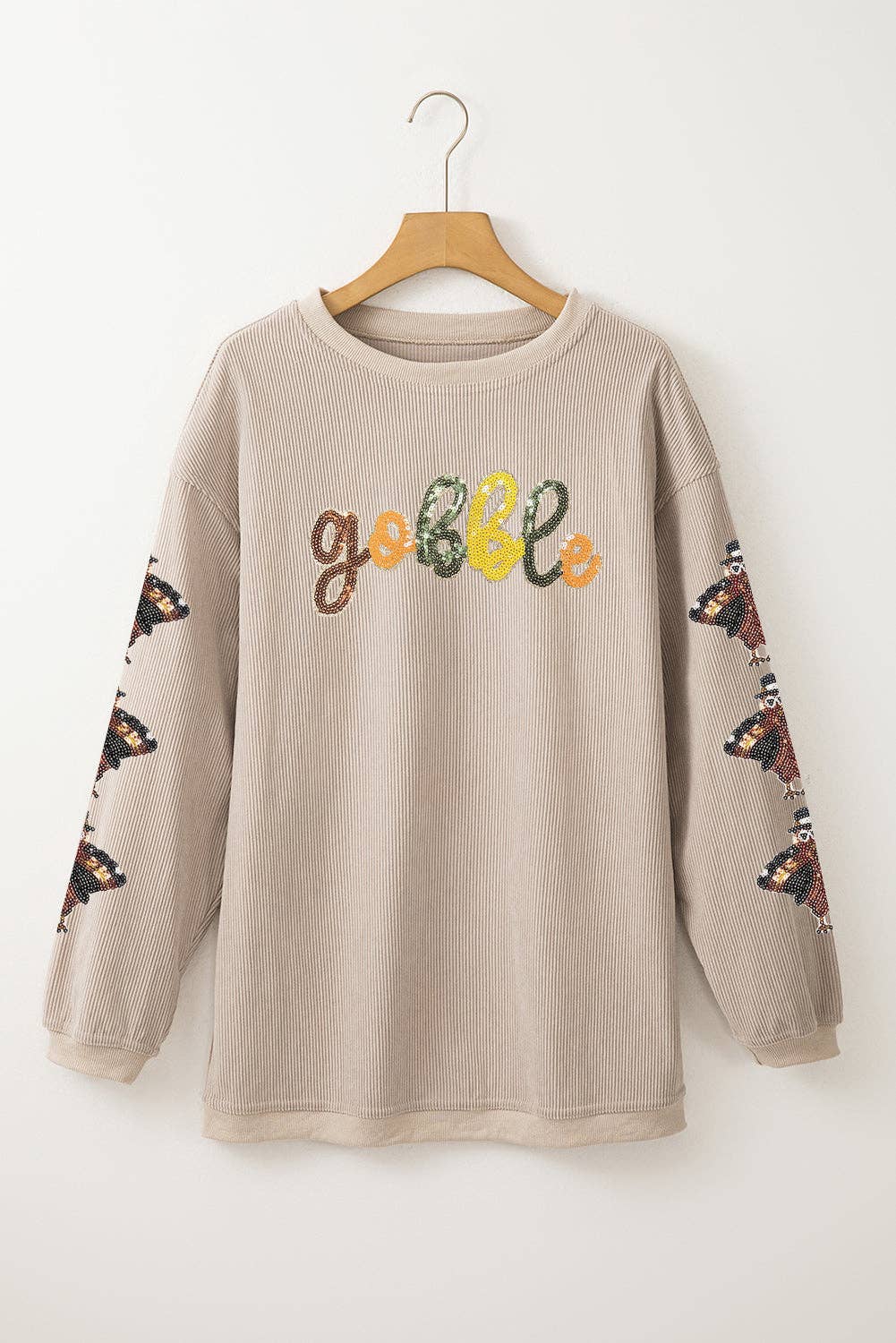 Smoke Gray Corded Ribbed Thanksgiving Turkey Sequin Patched Sleeve gobble Baggy Sweatshirt