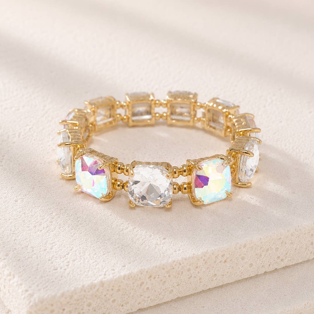 Cushion Cut Glass Crystal Linked Stretch Bracelet