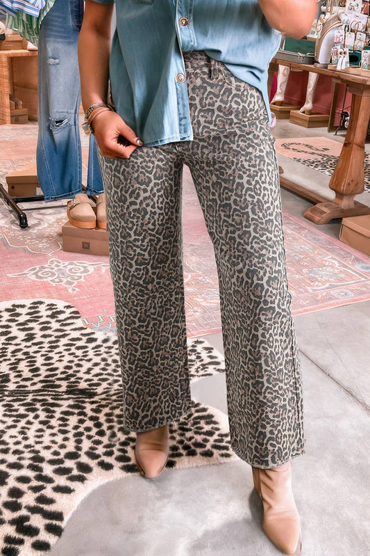 66 Western Leopard Frayed Edge Wide Leg High Waist Jeans