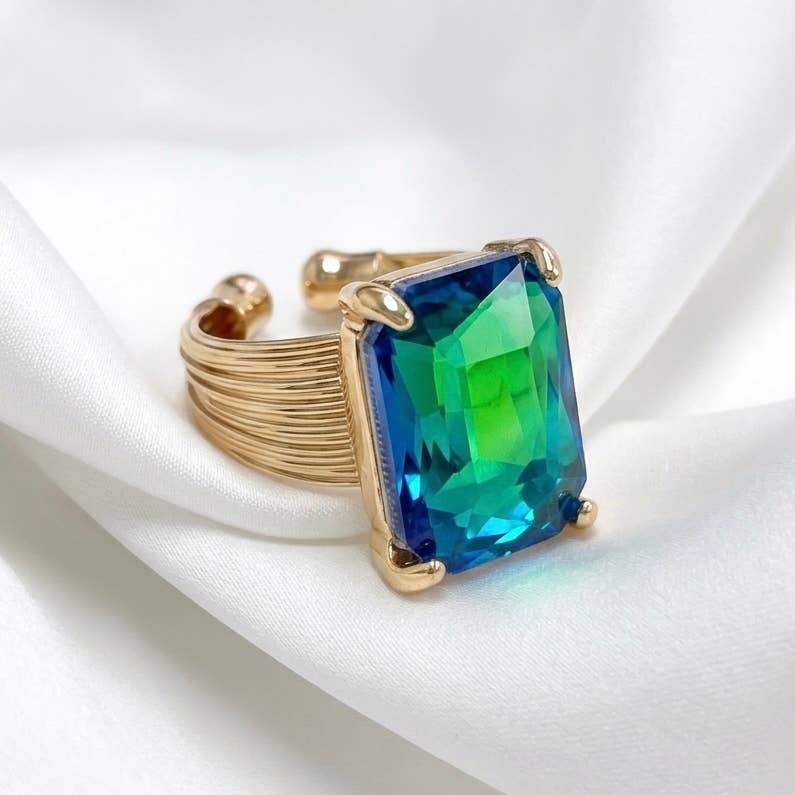 Square Glass Cushion Cut Cocktail Adjustable Wire Ring