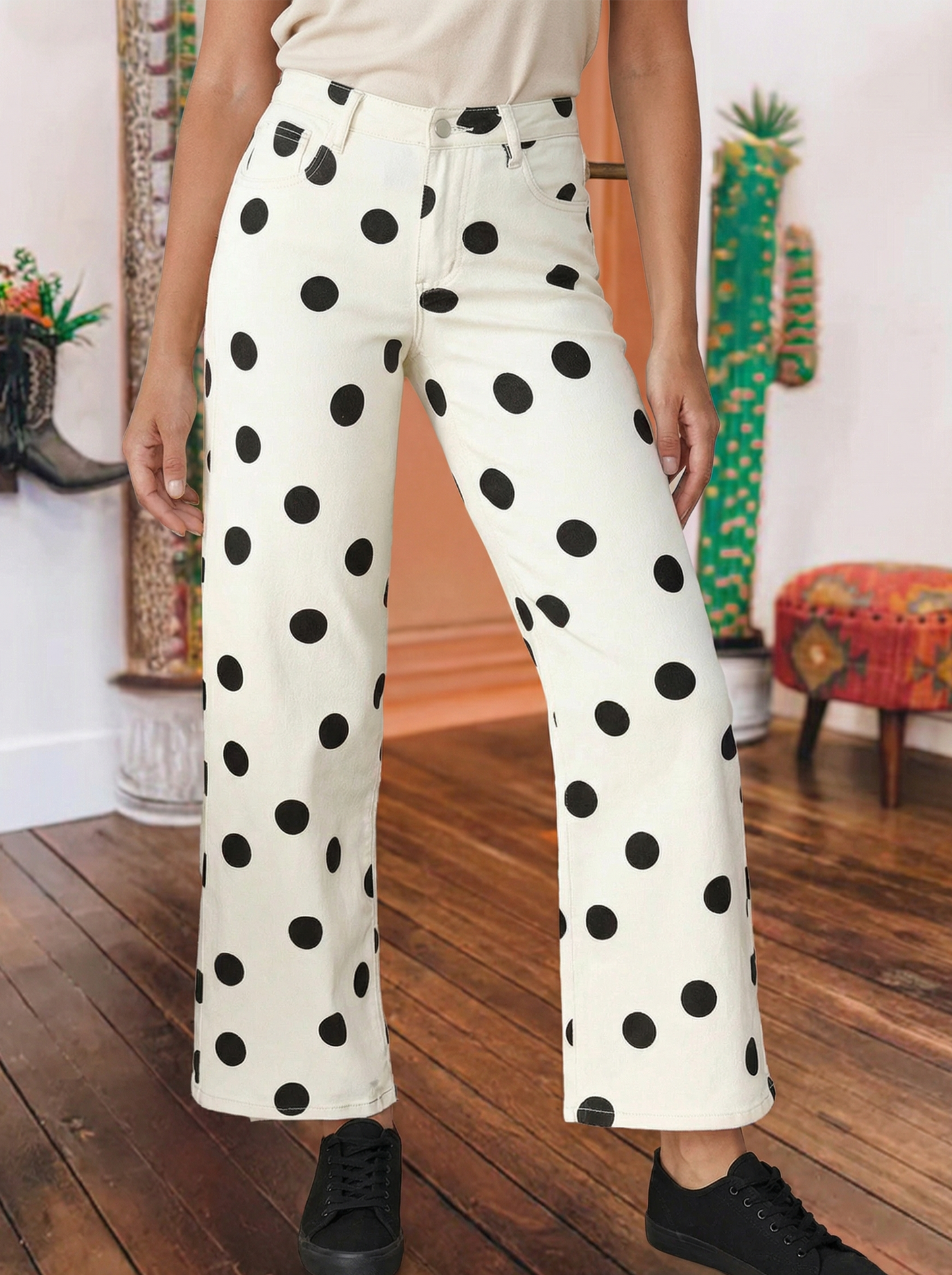 Spring Fashion Polka Dot Print Straight Leg Casual Pants