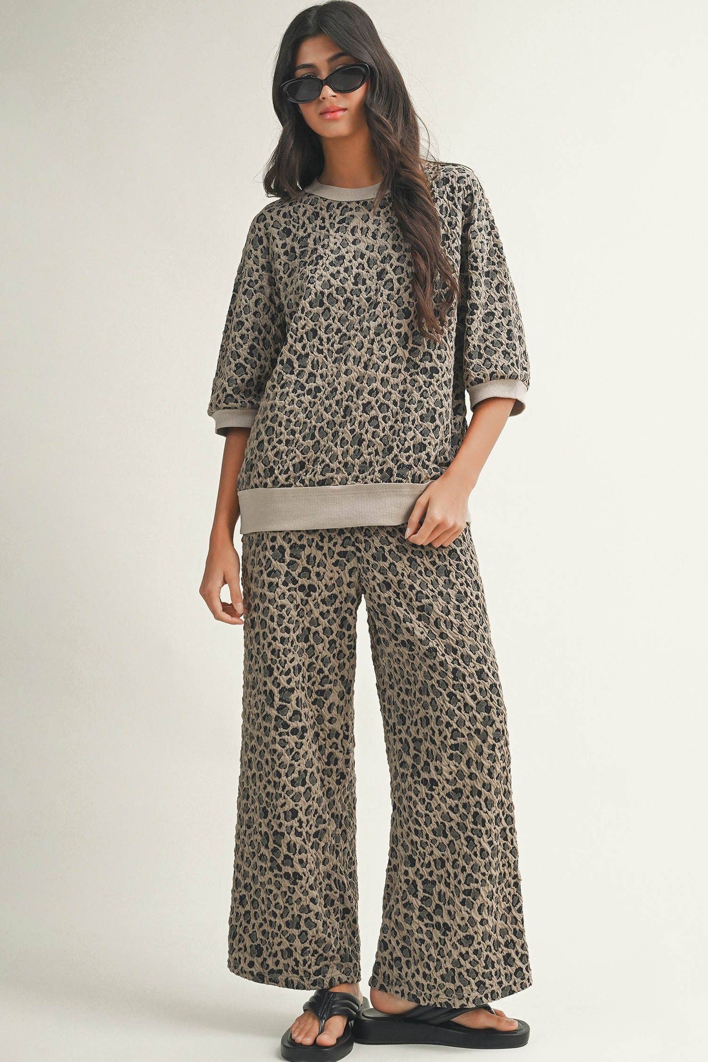 Spring Western Leopard Patchwork Pullover Wide Leg Pant Set