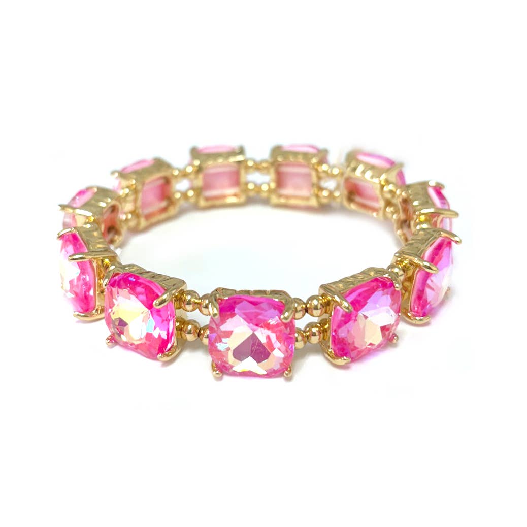 Cushion Cut Glass Crystal Linked Stretch Bracelet