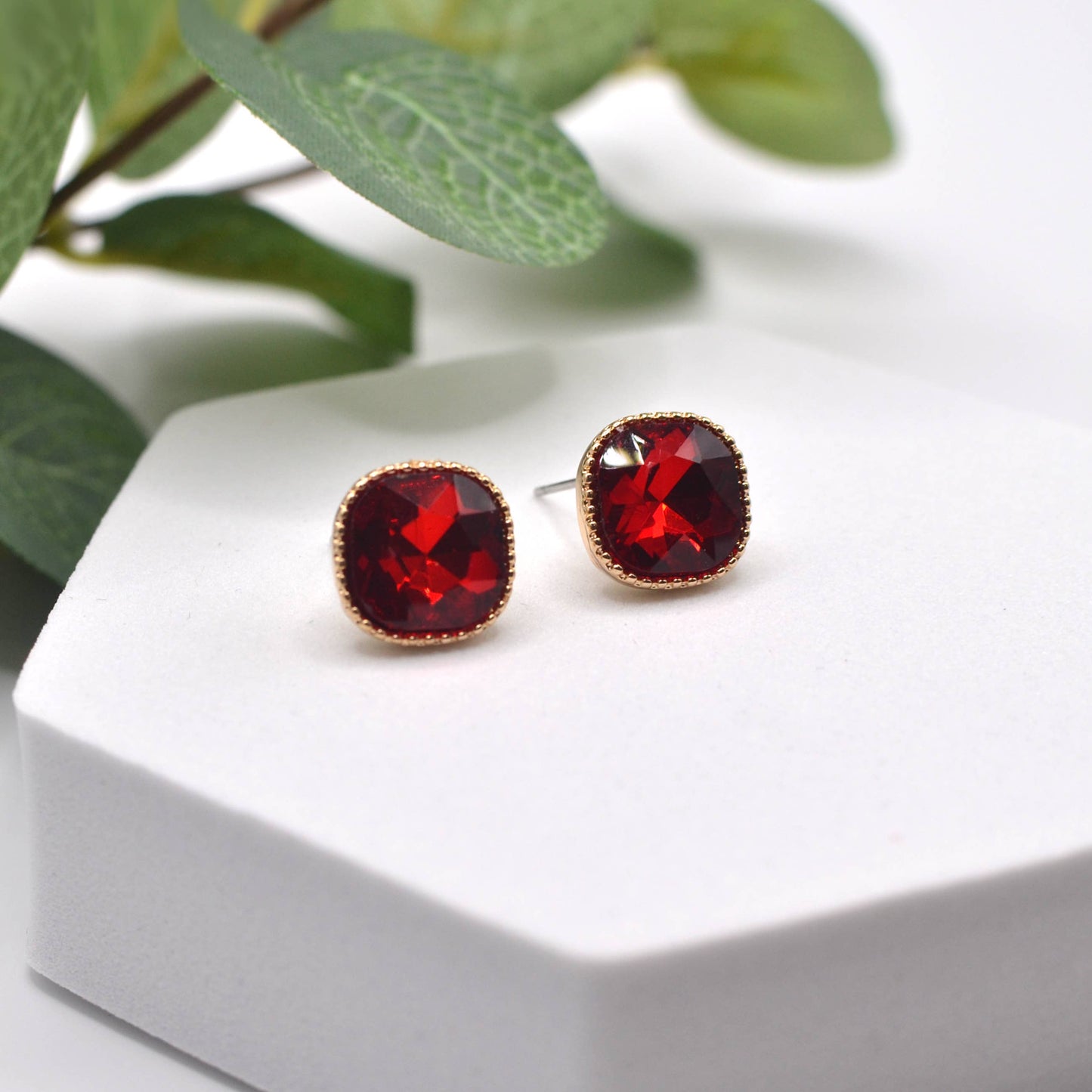 Square Textured Framed Crystal Glass Stone Stud Earrings