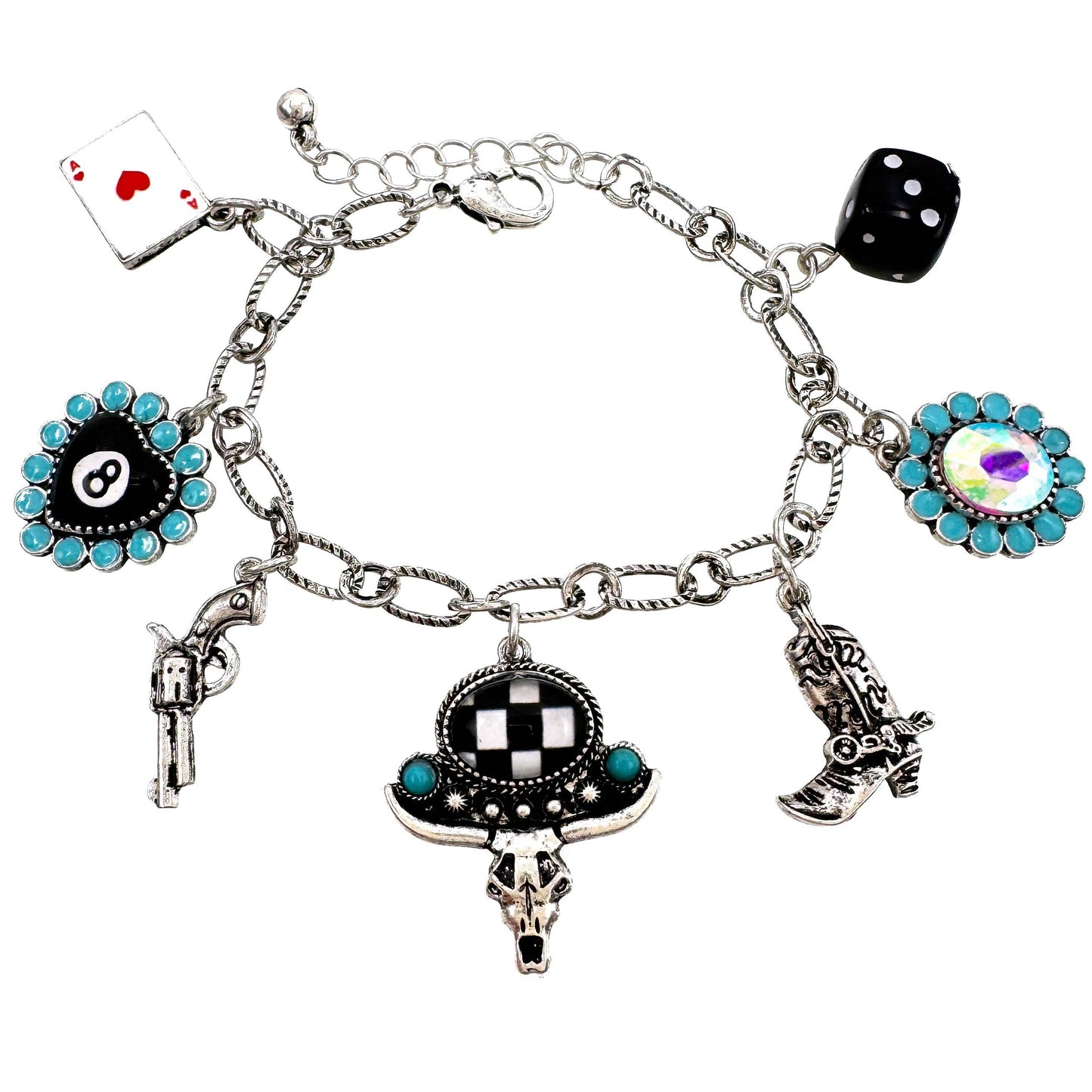 Western Checkered Longhorn Cowboy Poker Metal Bracelet