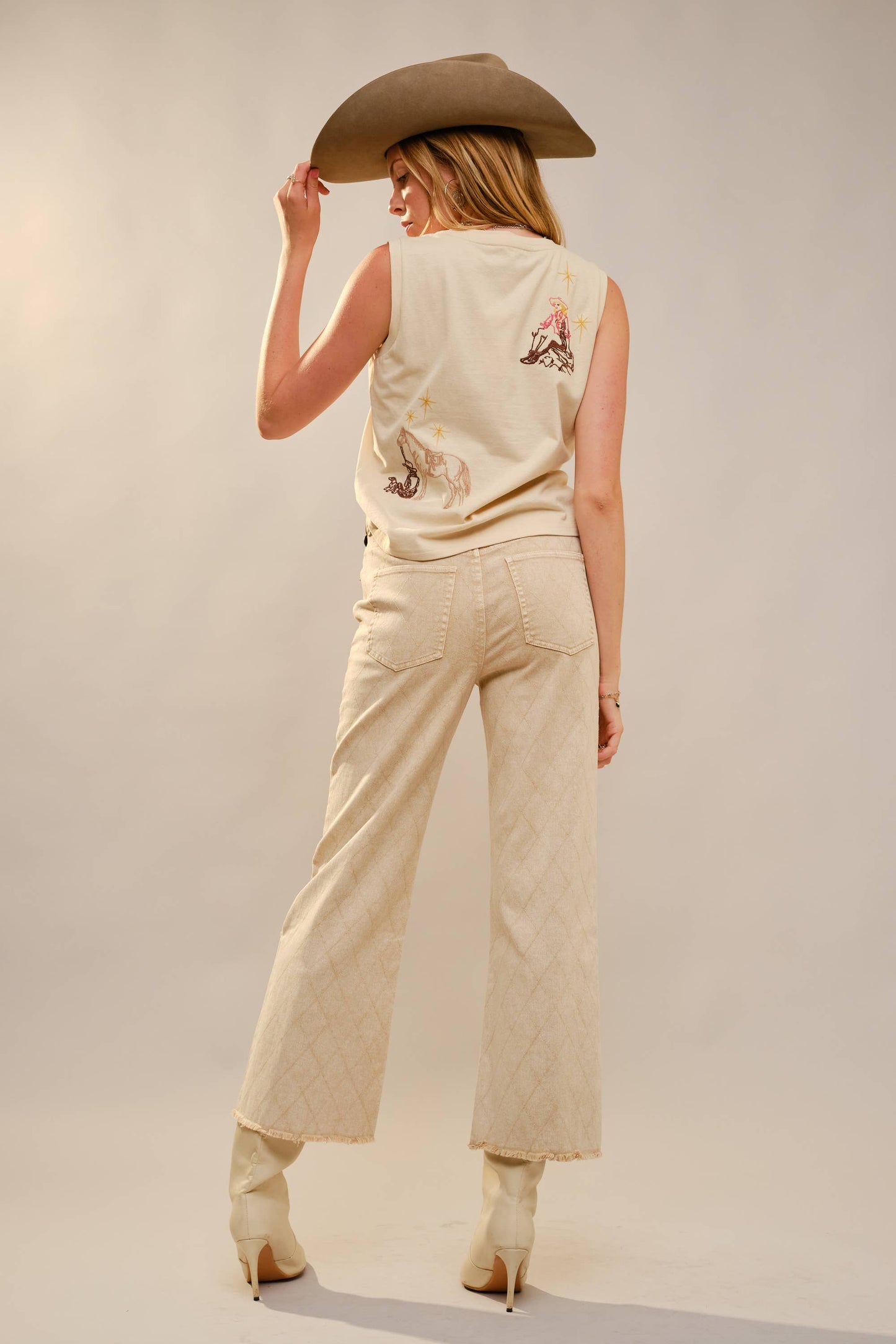 37775T Western Motif Embroidered Sleeveless Top
