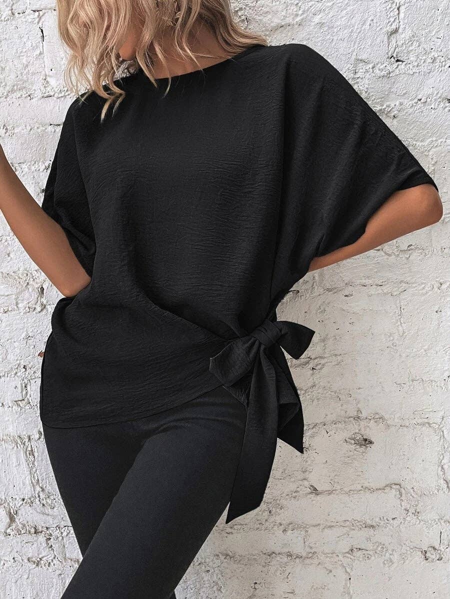 Casual Round Neck Knot Waist Tunic T-Shirt
