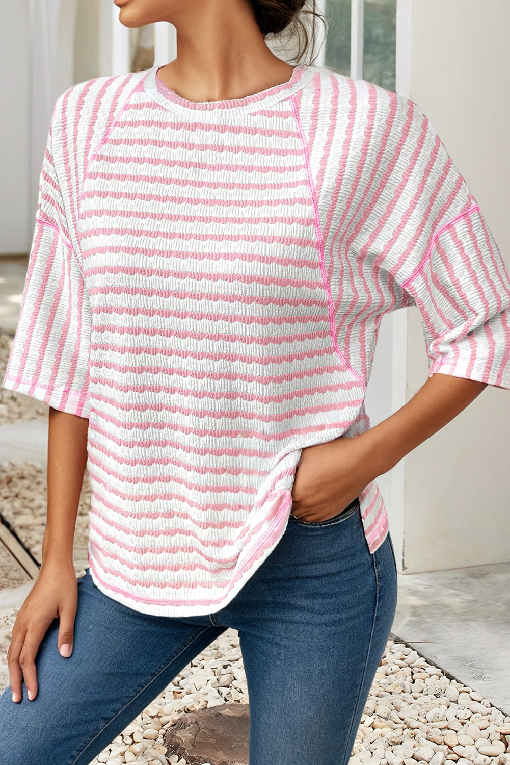 Striped Textured Knit Split Hem Half Sleeve Loose Top|S-4X