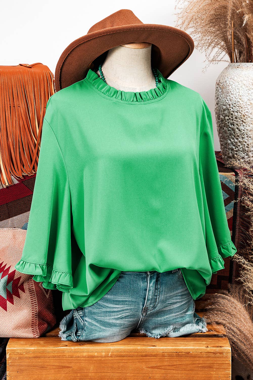 Fashion-W Frilly Round Neck Wide Half Sleeve Blouse
