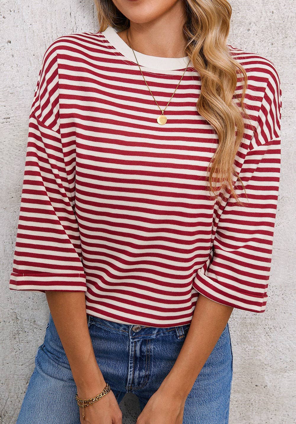 Pink Striped Knit Crew Neck Top with Back Bow Tie Detail