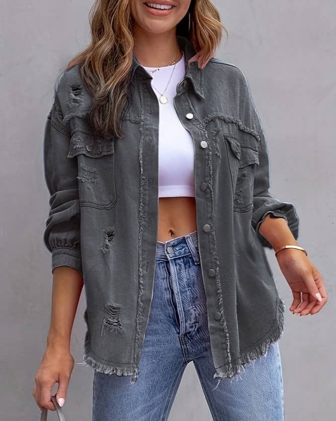 Ripped Long-Sleeved Denim Jacket