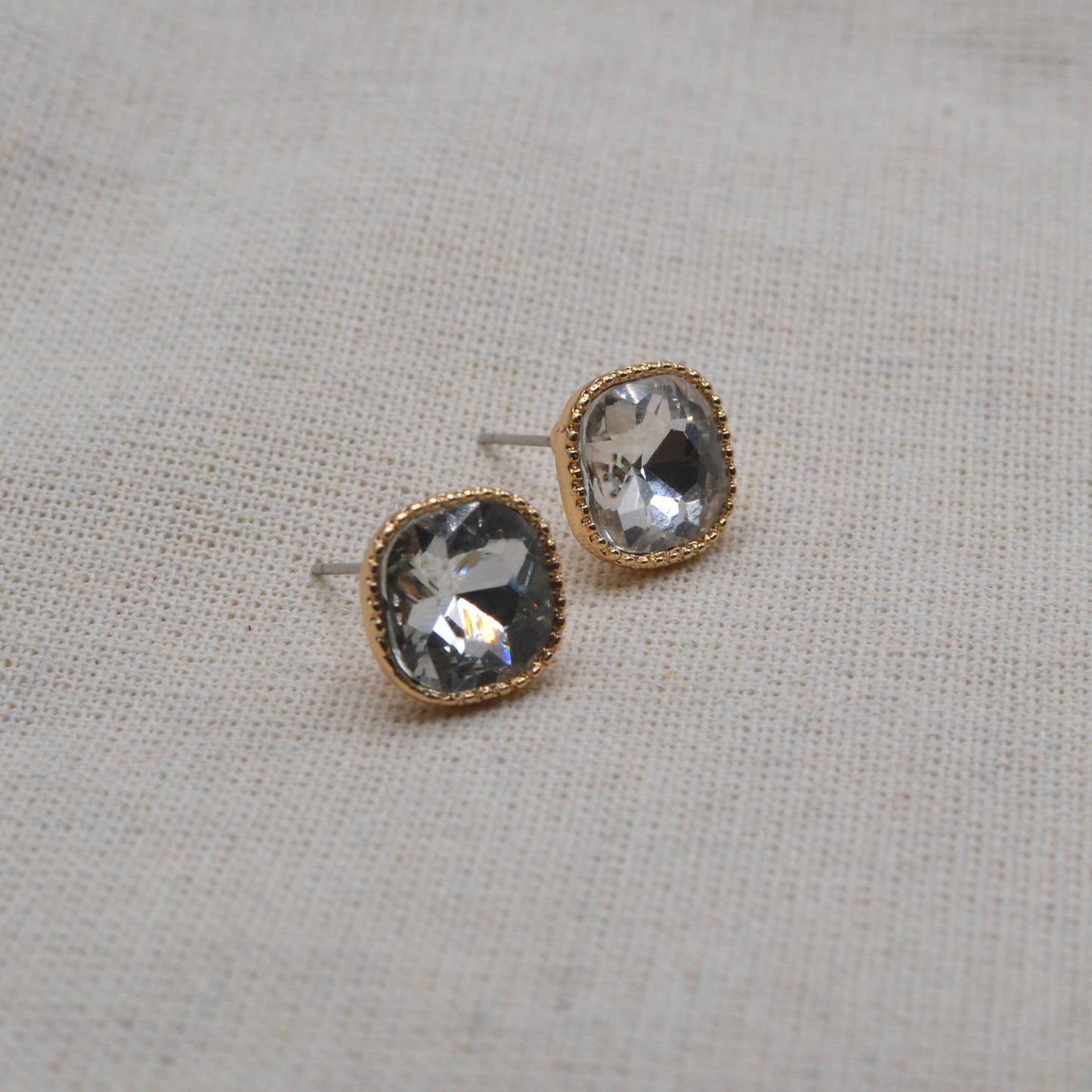 Square Textured Framed Crystal Glass Stone Stud Earrings