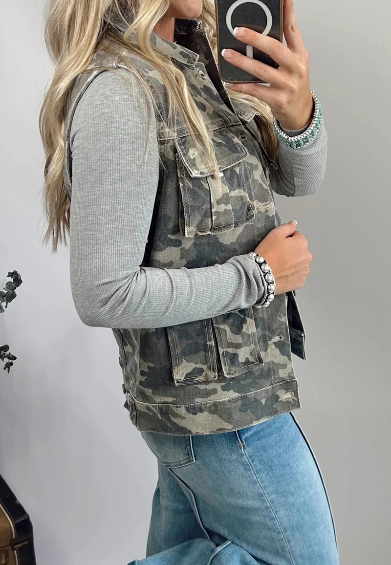 Green Camo Cargo Denim Vest