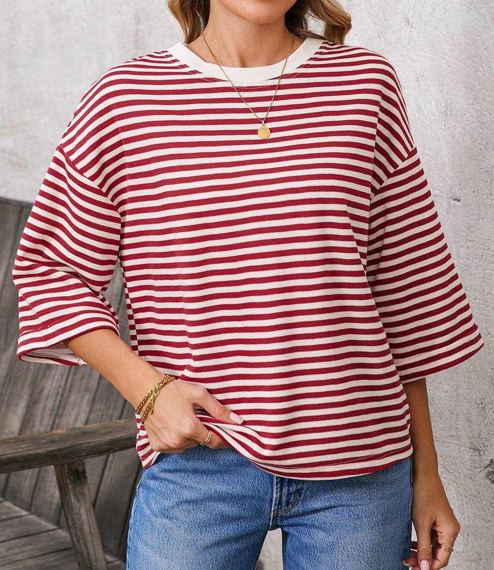 Pink Striped Knit Crew Neck Top with Back Bow Tie Detail