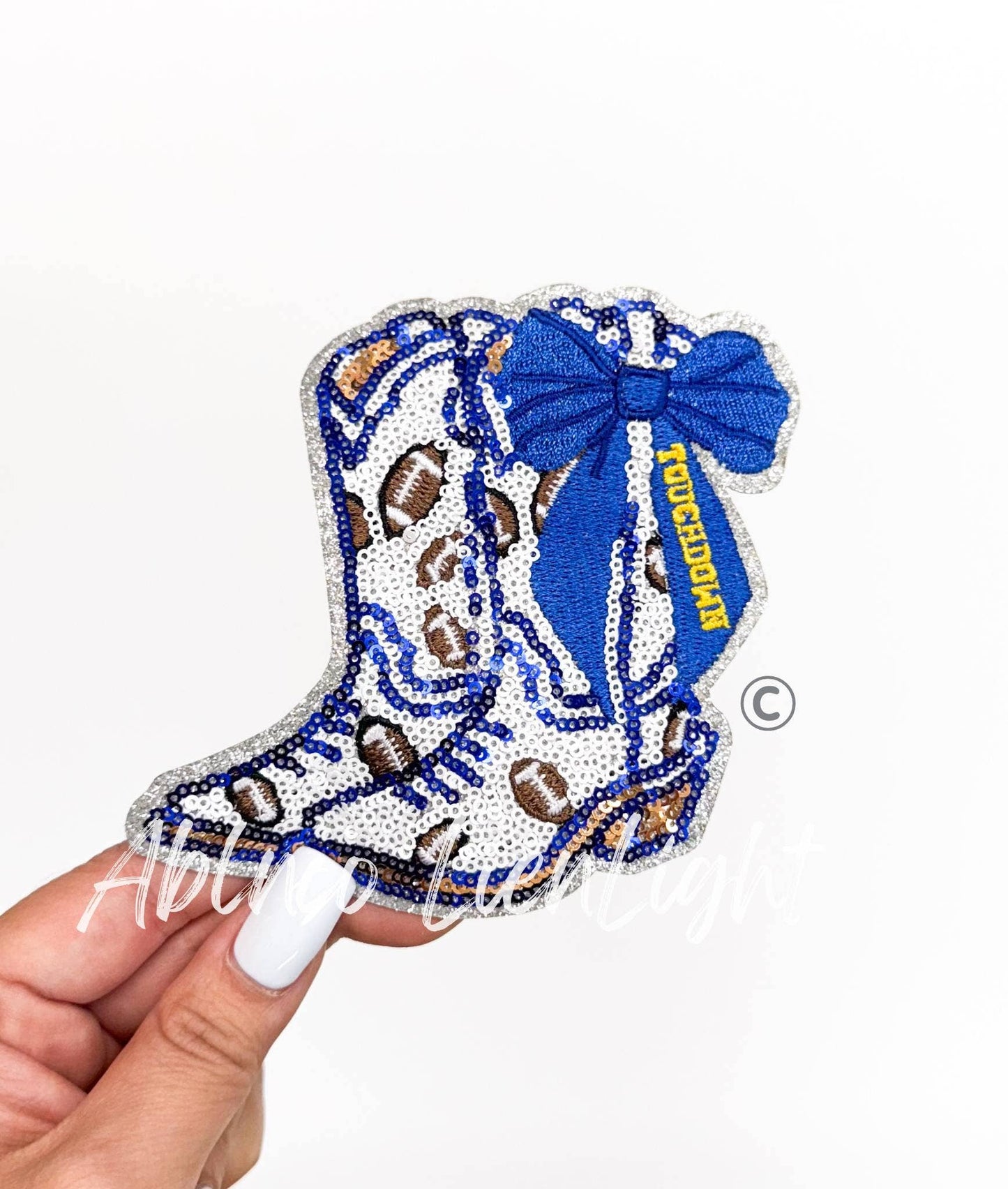 Football Touchdown Royal Blue Bow Boot Sequin Patch - Small