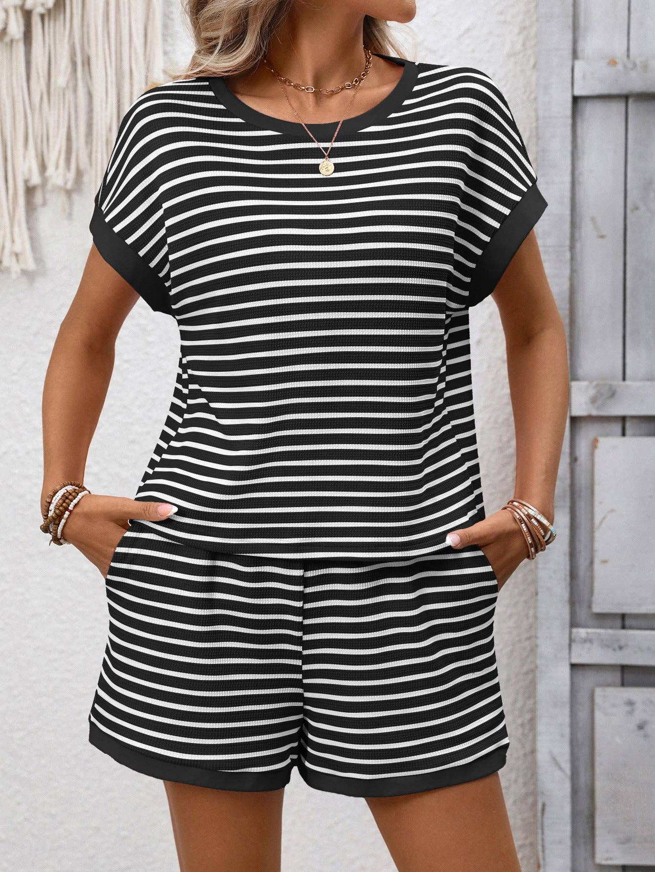 Striped Knit Lounge Set Short Sleeve Top and Shorts