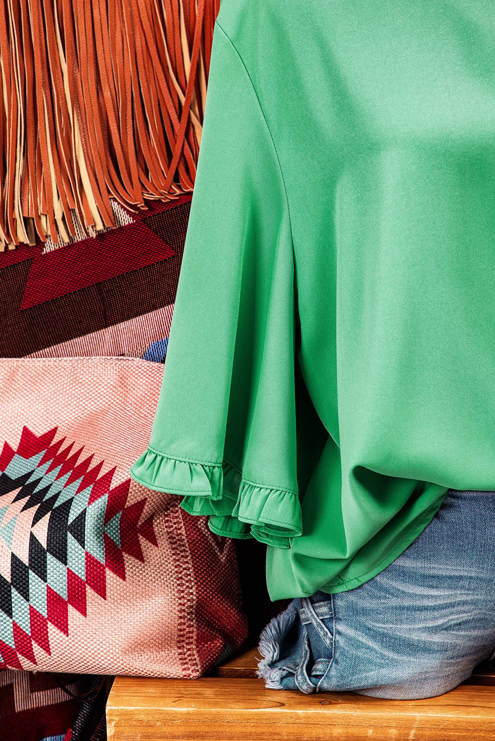 Fashion-W Frilly Round Neck Wide Half Sleeve Blouse