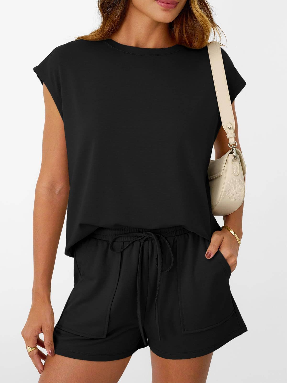 Casual Lounge Set Cap Sleeve Top Drawstring Shorts