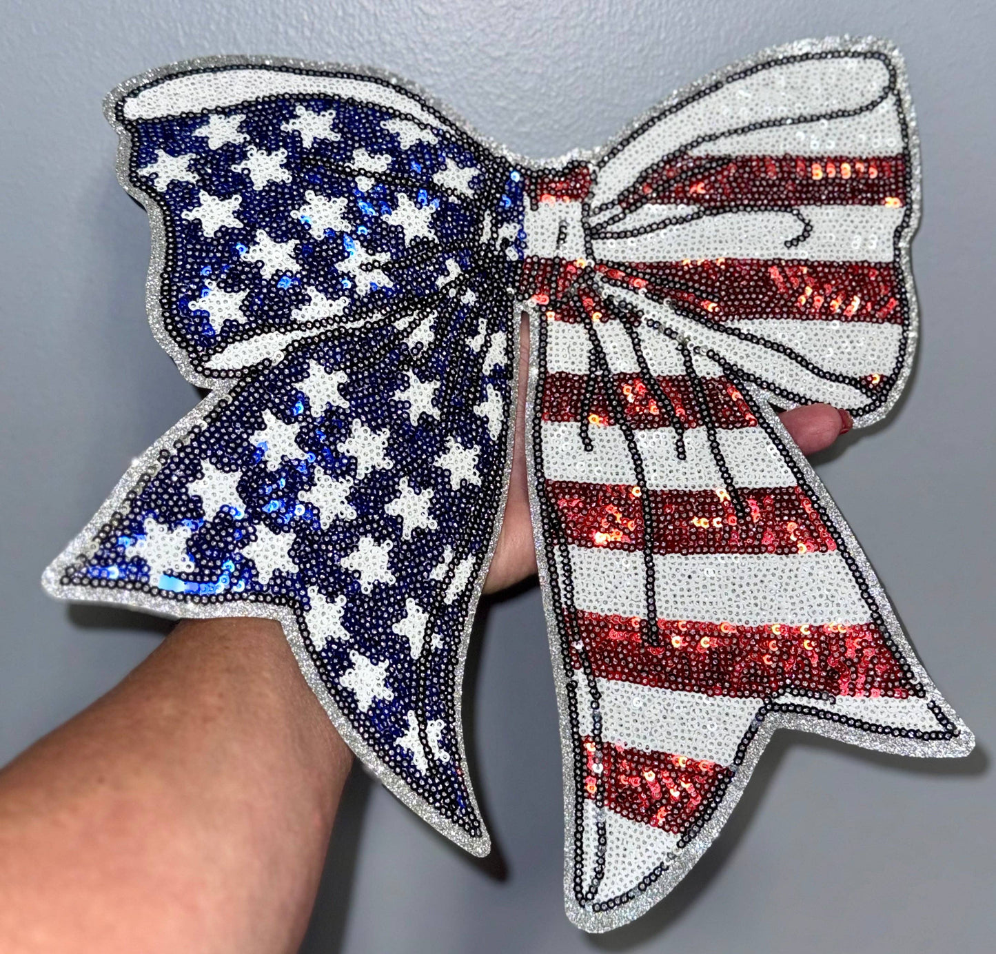 American Flag Bow Patch, Sequin Patch, 11" Iron on Patch, Silver Glitter Backing, DIY, Bow Patch