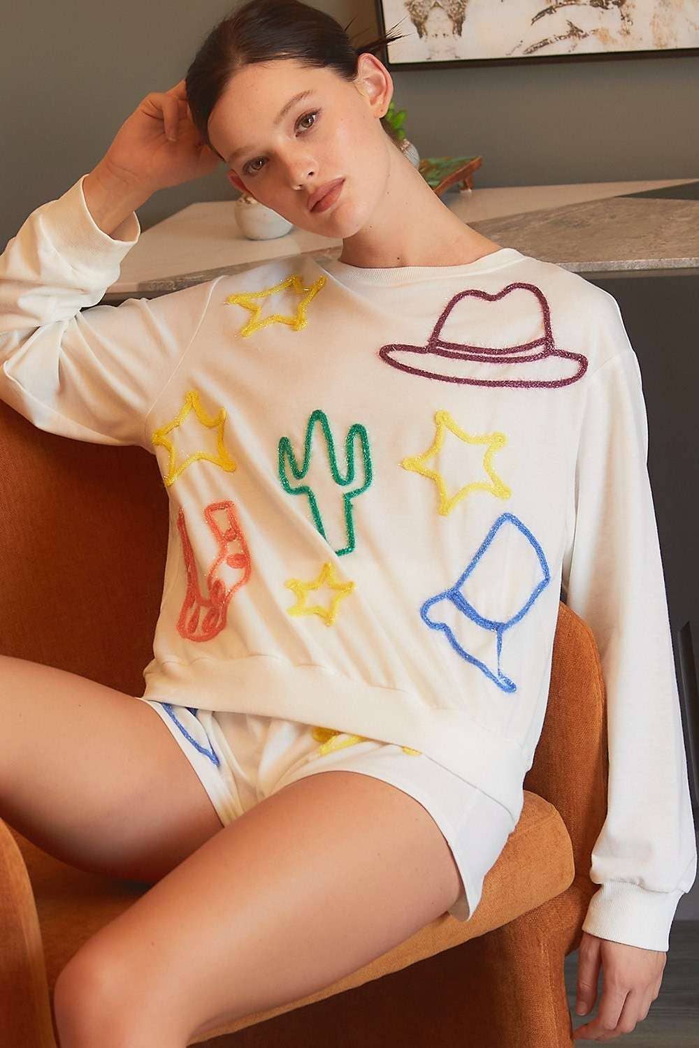 Sparkle Western Drawing French Terry Shorts