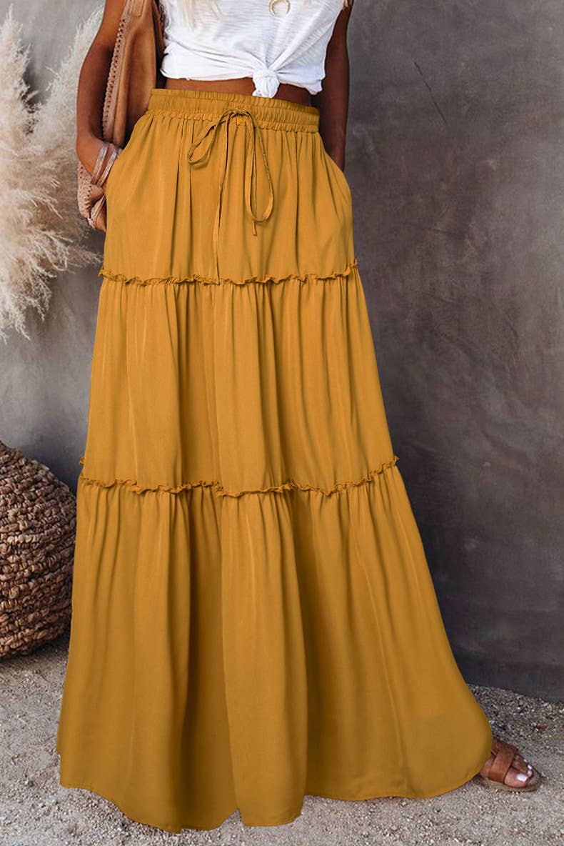 Boho Tiered Maxi Skirt with Pocket 17colors
