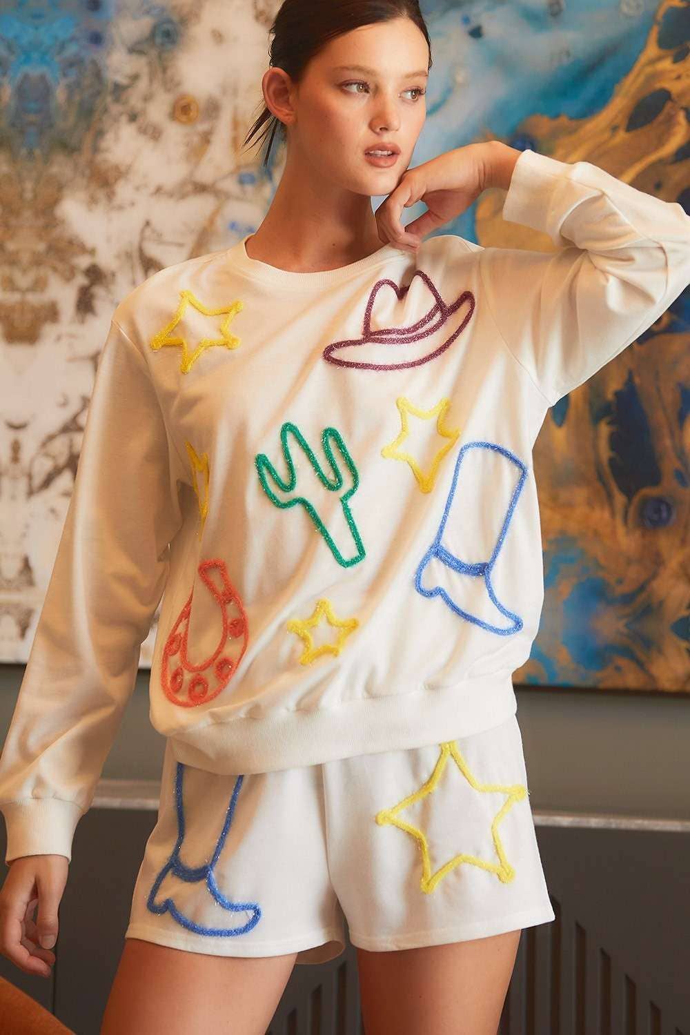 Sparkle Western Drawing French Terry Shorts